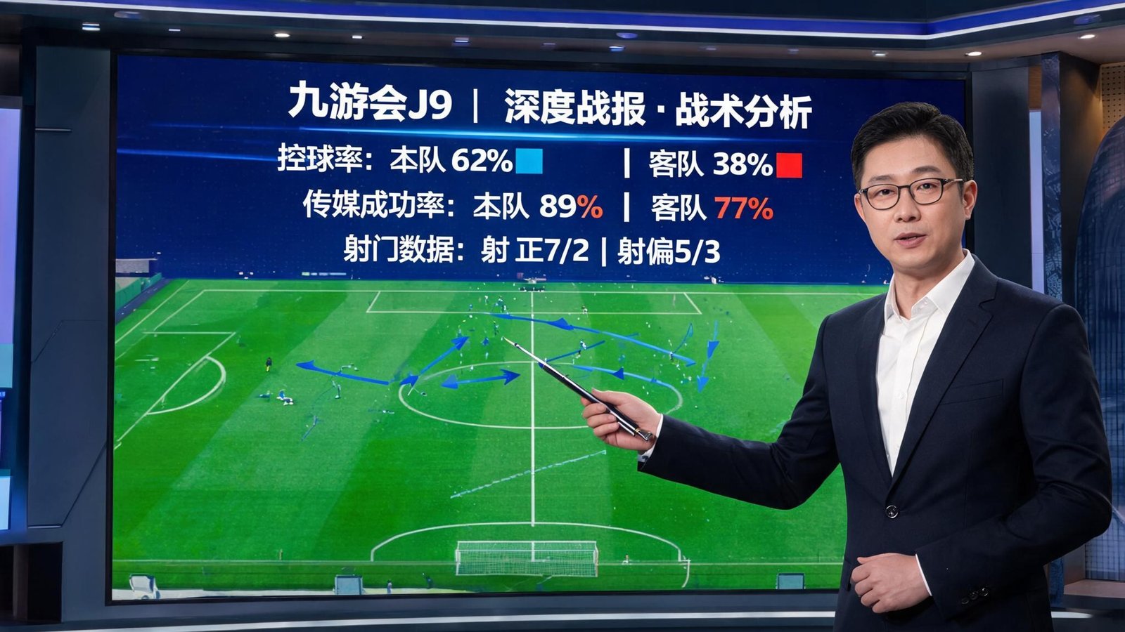 分析师在九游会J9演播室中通过大屏数据解读比赛战术，深度战报背景